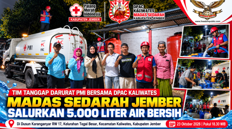 Peduli Warga Terdampak Kekeringan, PMI Jember dan MADAS Sedarah DPAC Kaliwates Salurkan 5.000 Liter Air Bersih
